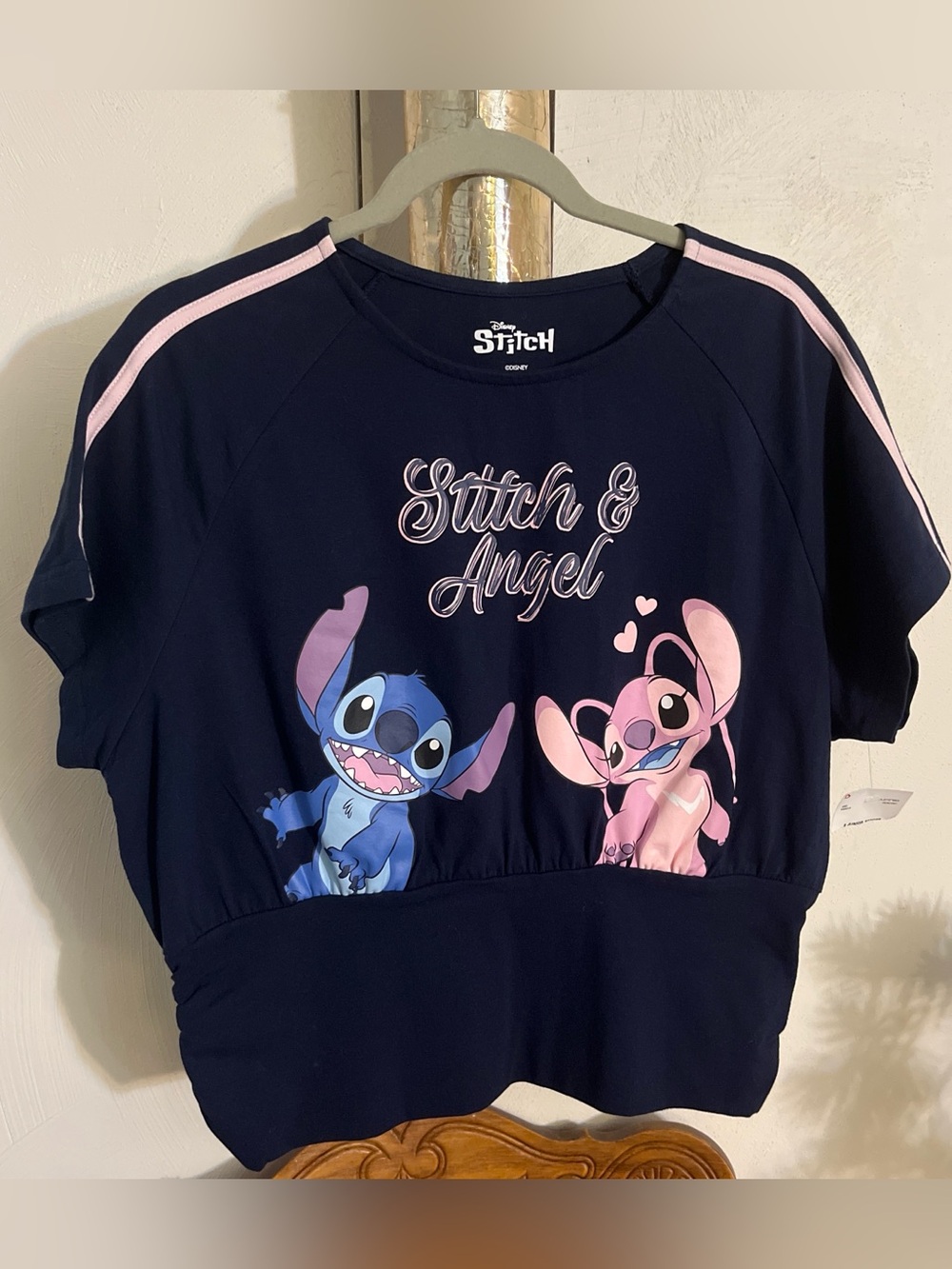 Disney Navy Tee with Pink Script Stitch and Angel Graphic
